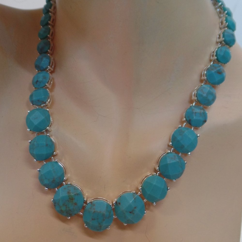 BNWT Ralph Lauren Silvertone & Faux Turquoise Necklace Adj 18.5"